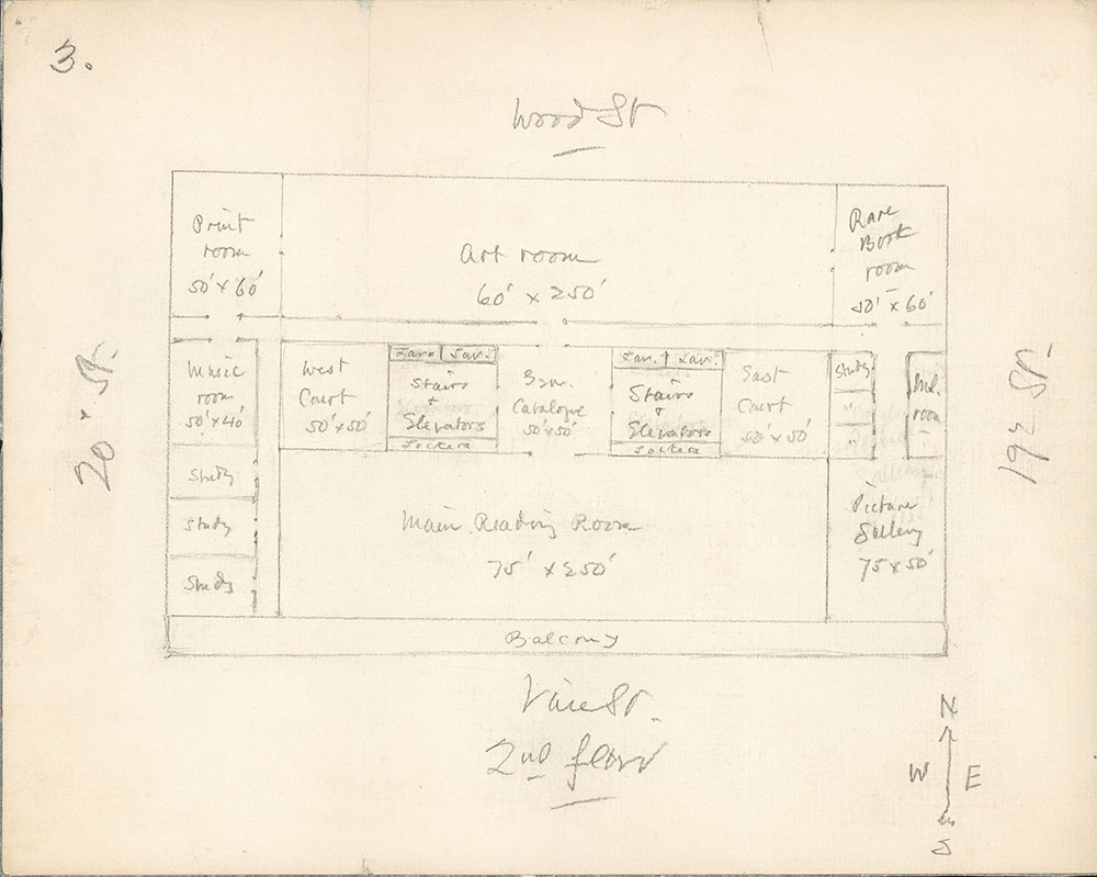 Plan of the second floor of Central Library of the Free Library of Philadelphia based on the ideas of John Ashhurst