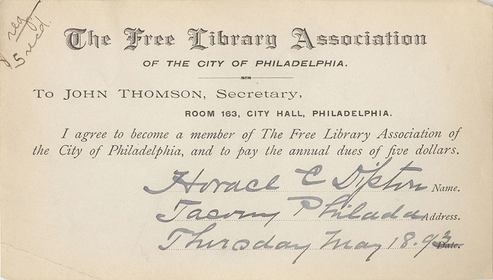 Library Card Of Horace C. Dipton