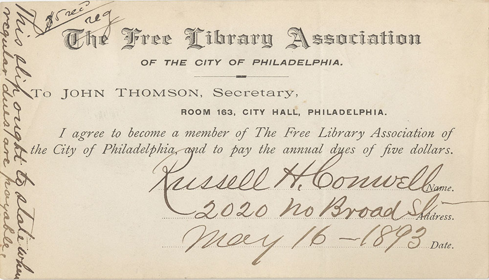 Library Card of Russell H. Conwell