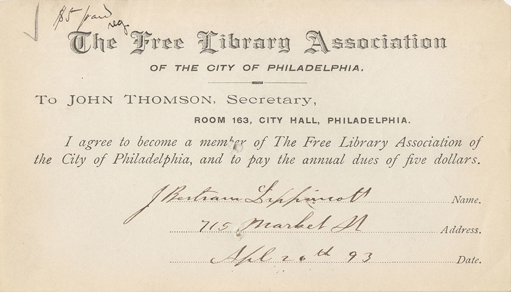 Library Card of J. Bertram Lippincott
