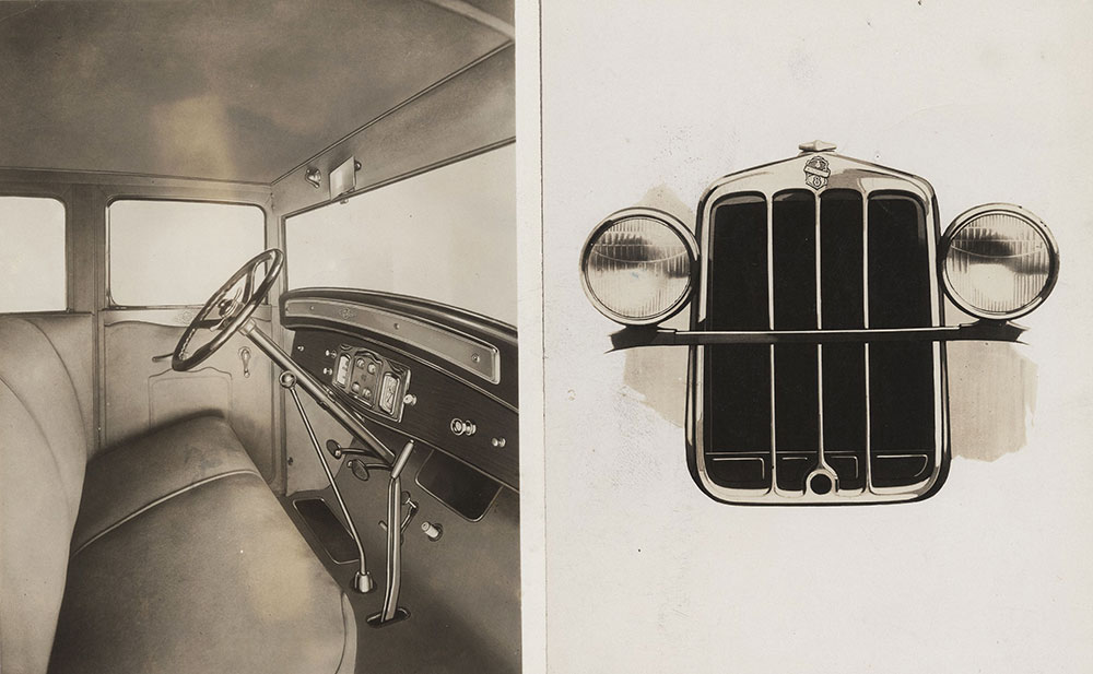 Chandler - 1928 Front Grill (right) & Chandler - 1928 Interior Royal 8 Sedan instrument board and front compartment (left)