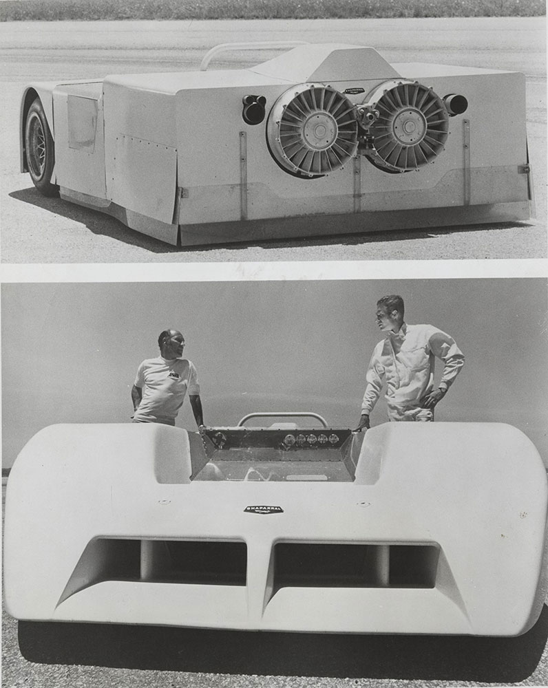 Chaparral -1970 Model 2J (Top) Fans for ground effect (Bottom) Jim Hall, right, Stirling Moss, left