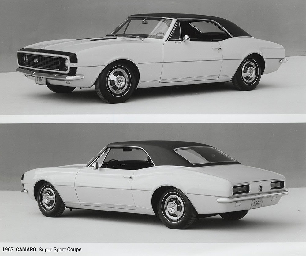 Chevrolet - 1967 - Camaro Super Sport Coupe (top) front three-quarter view (bottom) rear three-quarter view