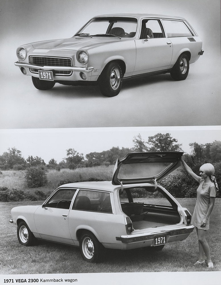 Chevrolet - 1971 - Vega 2300 Kammback wagon (top) front three-quarter view (bottom) rear view, with tailgate open
