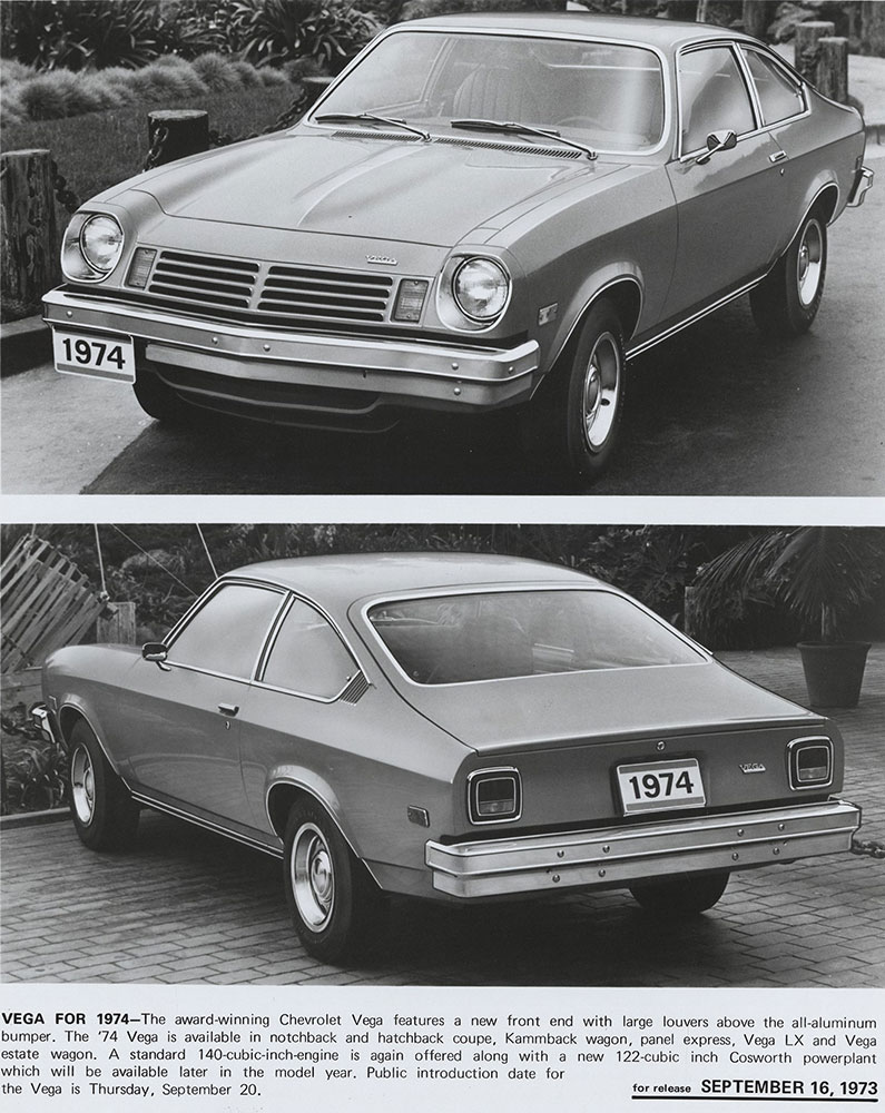 Chevrolet - 1974 - Vega (top) front three quarter view (bottom) rear three quarter view