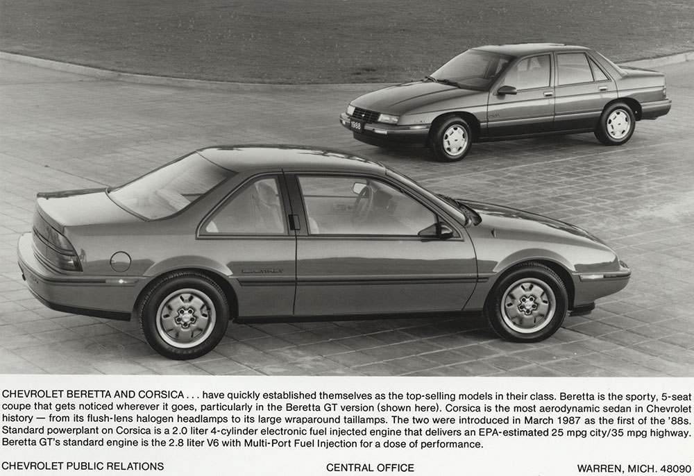 Chevrolet - 1988 - Beretta GT coupe in foreground, Corsica four-door sedan at back.
