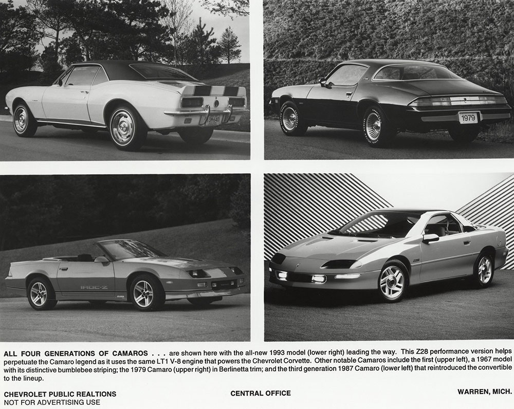 Chevrolet - 1993 - Camaro (bottom right): (top left) 1967 Camaro: (top right) 1979 Camaro Berlinetta (bottom left) Camaro convertible