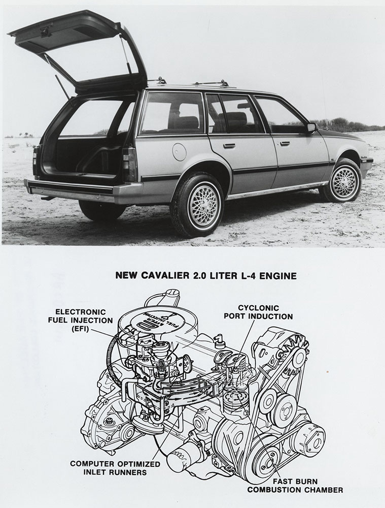 Chevrolet - 1983 - (top) Cavalier Station Wagon (bottom) line drawing of 2.0 Liter L-4 engine