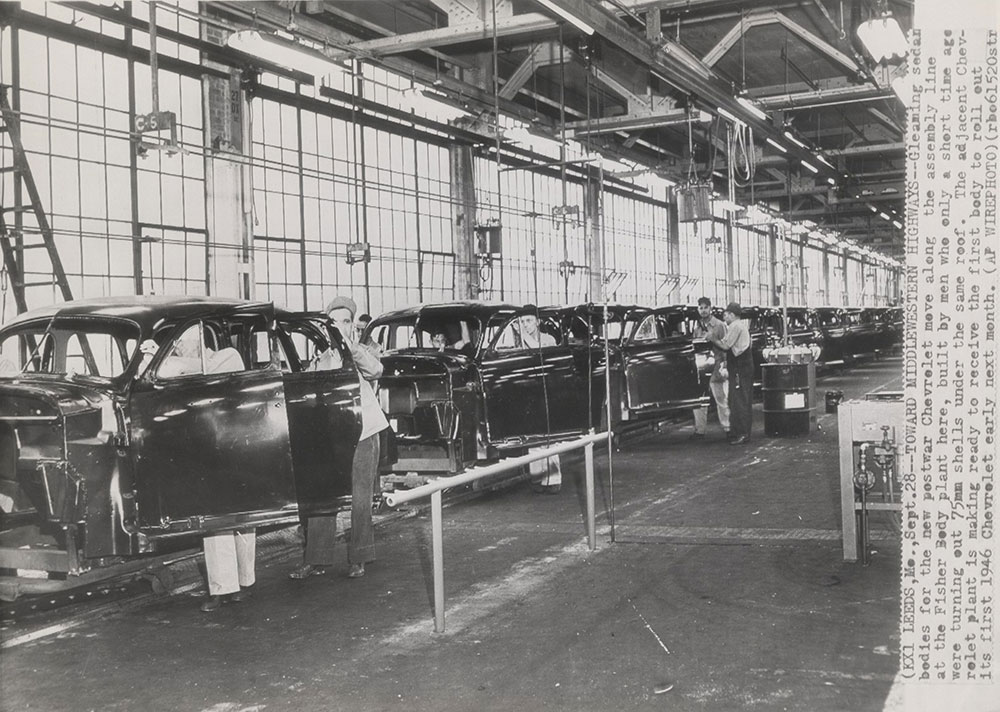 Chevrolet - 1946 - bodies moving along the assembly line at Fisher Body plant, Leeds, MO