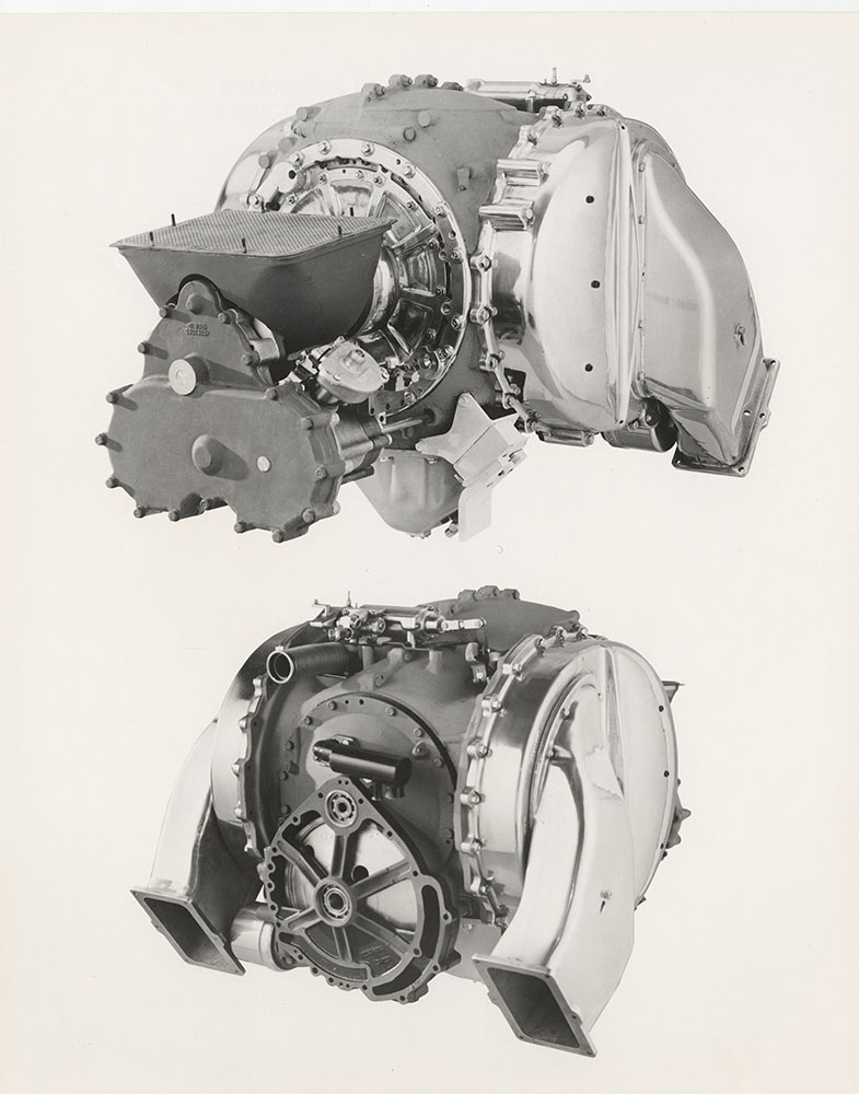 Compactness of newest turbine engine from Chrysler Corporation is seen in these front and rear views.