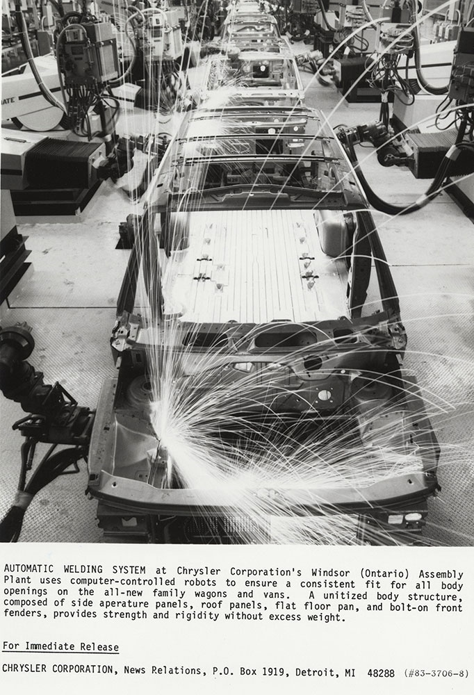 Automatic welding system at Chrysler Corporation's Windsor (Ontario) Assembly Plant.