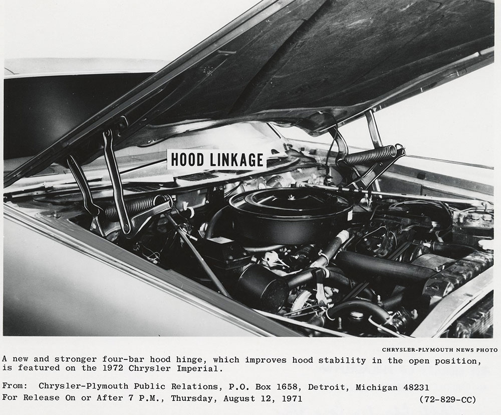 1972 Chrysler Imperial four-bar hood hinge