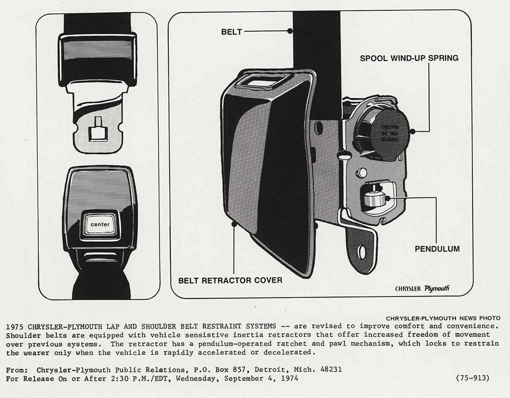 1975 Chrysler - Plymouth lap and shoulder belt restraint systems.