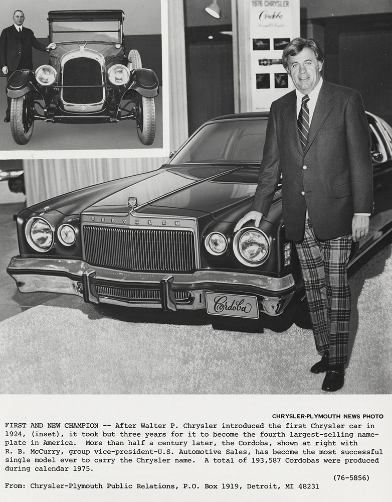 Walter P. Chrysler (left image) / Chrysler Cordoba with R. B. McCurry (right image).