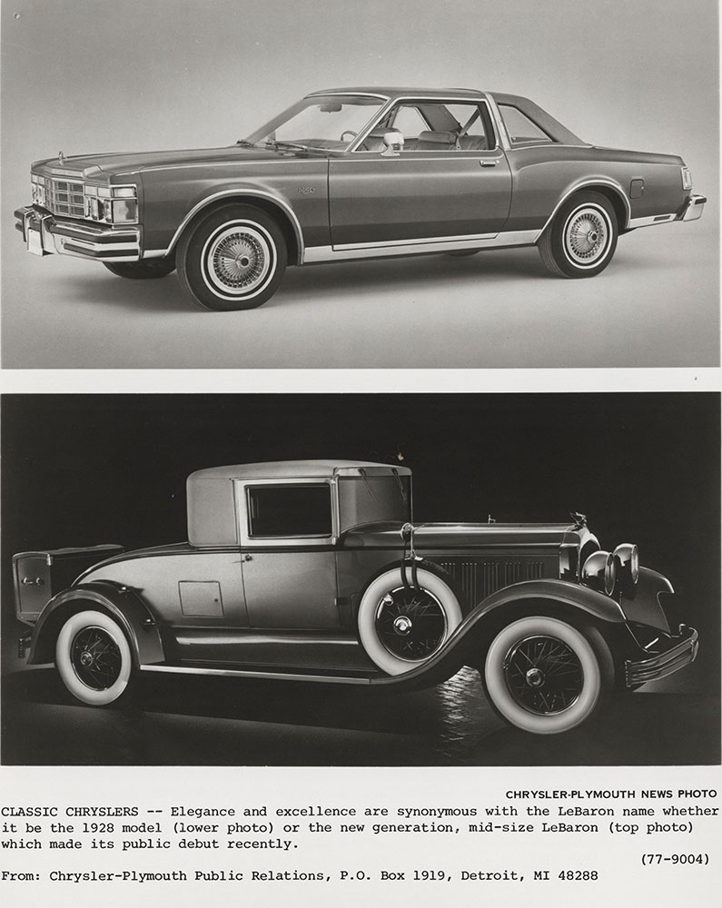 Classic Chryslers- (Top photo) 1977 mid-size LeBaron, (Bottom photo) 1928 model LeBaron.