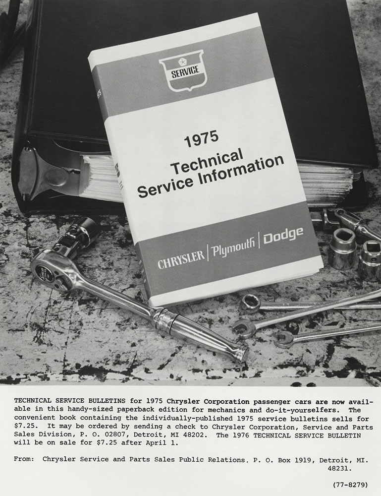 Technical service bulletins for 1975 Chrysler Corporation passenger cars.