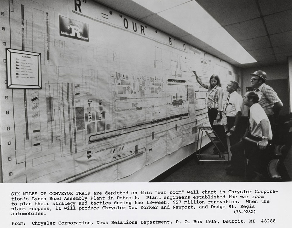 Wall chart in Chrysler Corporation's Lynch Road Assembly Plant in Detroit.