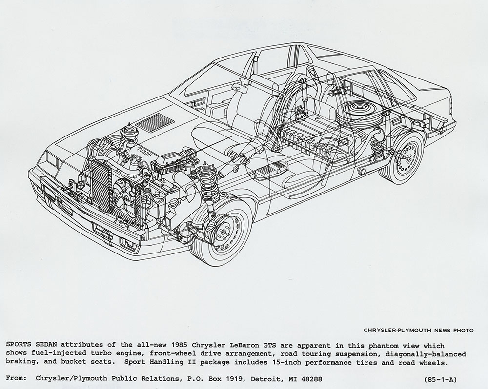 1985 Chrysler LeBaron GTS phantom view illustration.