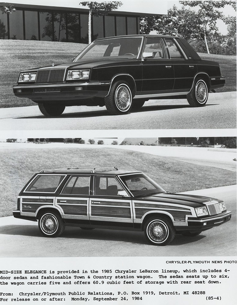 Chrysler 1985 LeBaron Sedan (top), Town & Country Station Wagon (bottom).