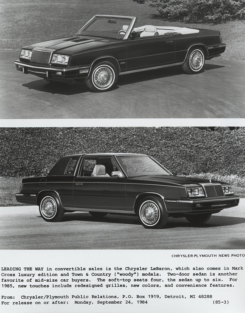 Chrysler LeBaron Convertible (top), two-door sedan (bottom).