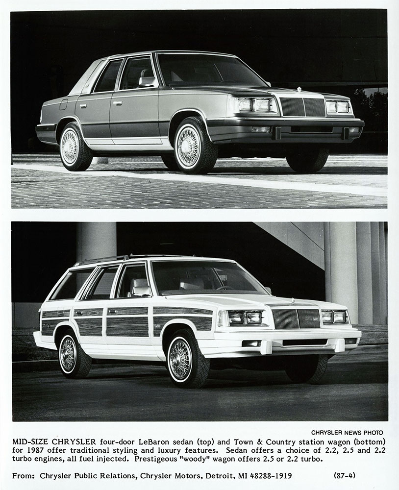 Chrysler 1987 four-door LeBaron sedan (top) and Town & Country station wagon (bottom).