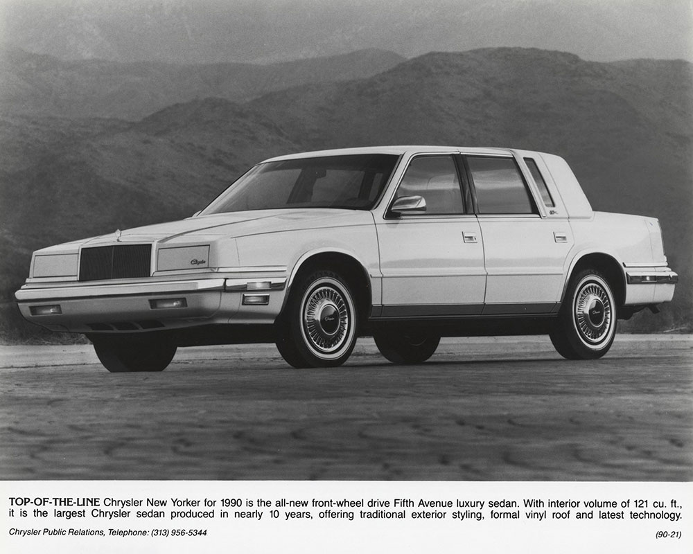 Chrysler 1990 New Yorker Fifth Avenue luxury sedan.