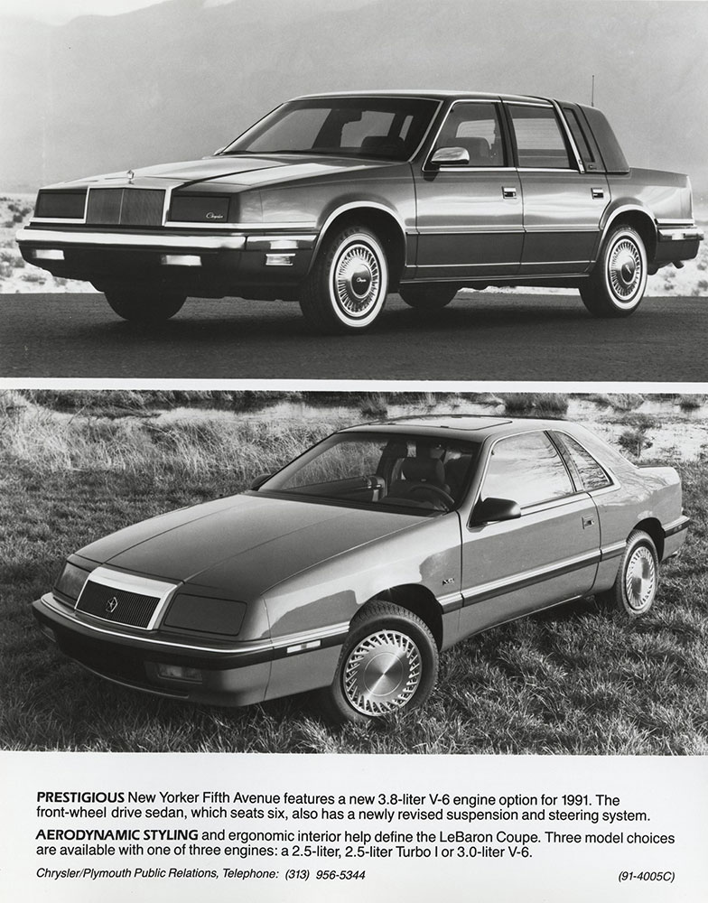 Chrysler 1991 New Yorker Fifth Avenue sedan (top). Chrysler LeBaron Coupe (bottom).