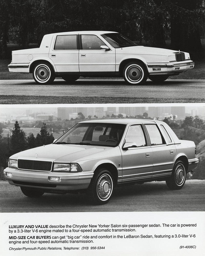 Chrysler New Yorker Salon sedan (top). Chrysler LeBaron sedan (bottom).