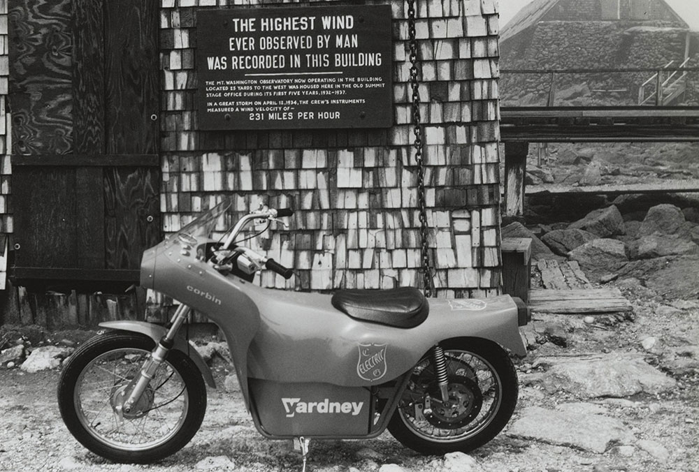 Corbin Yardney Electric Motorcycle on top of Mt. Washington.