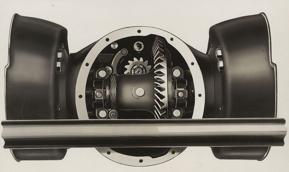 The heavy ring and pinion gear in the differential of the new Cord front drive car. 1929