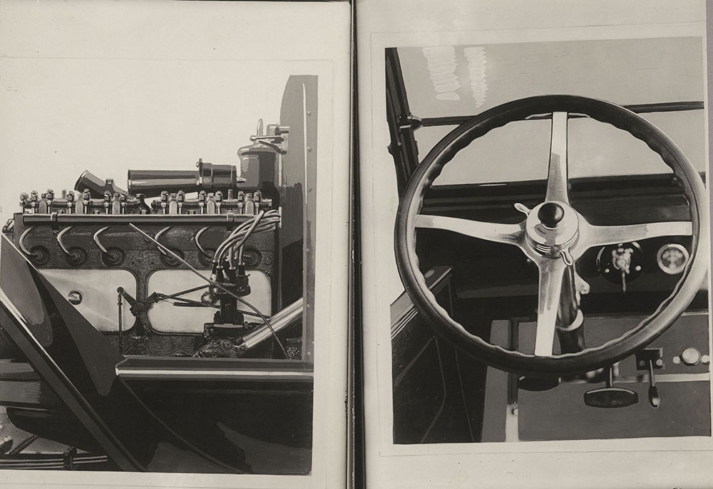Courier - 1923 (Left: engine bloc. Right: steering wheel, showing short spark and throttle levers, and horn button