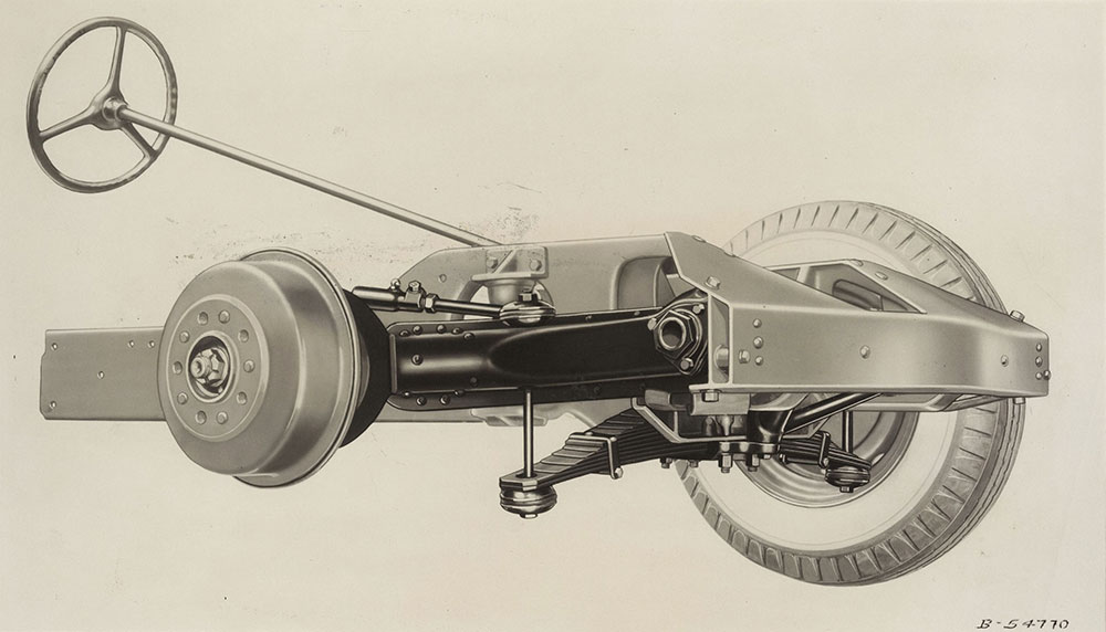 View of the front end of the new Cord Model 810 Front Drive car, showing the close-up of the transverse springing. 1936