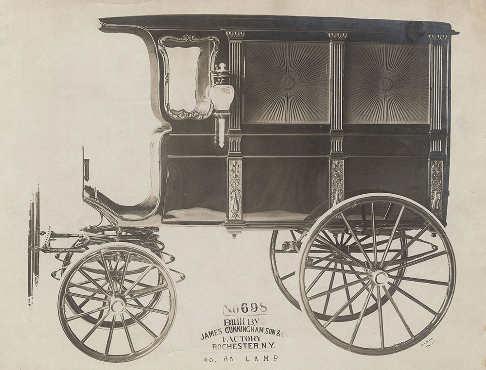 Built by James Cunningham & Co, Factory Rochester, N.Y.  4-wheel horse drawn hearse No 698