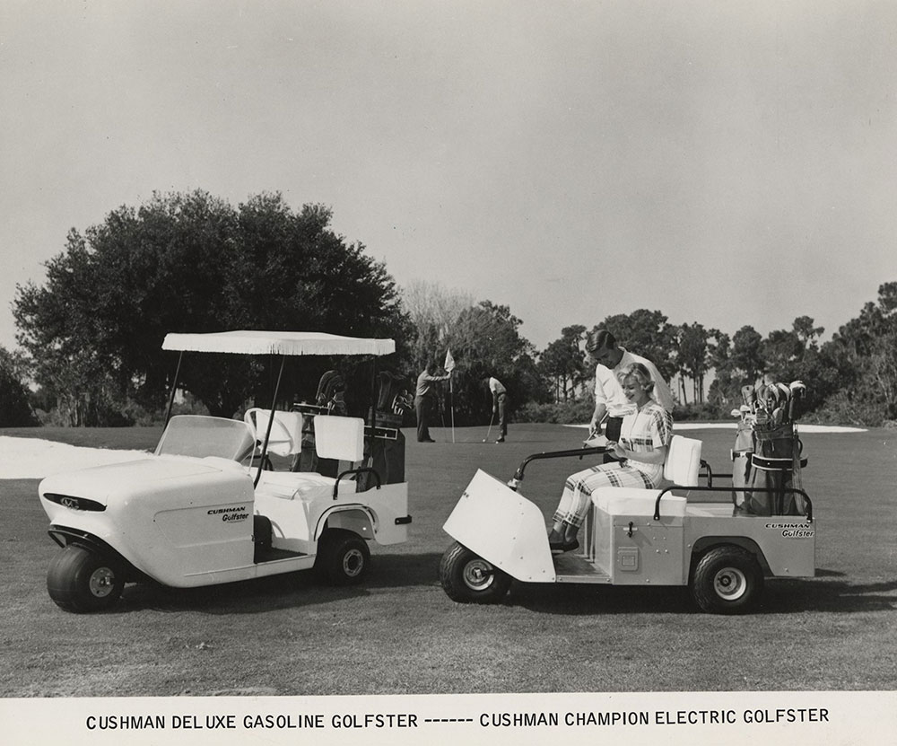 Cushman (left) Deluxe Gasoline Golfster, (right) Champion Electric Golfster, 1972.