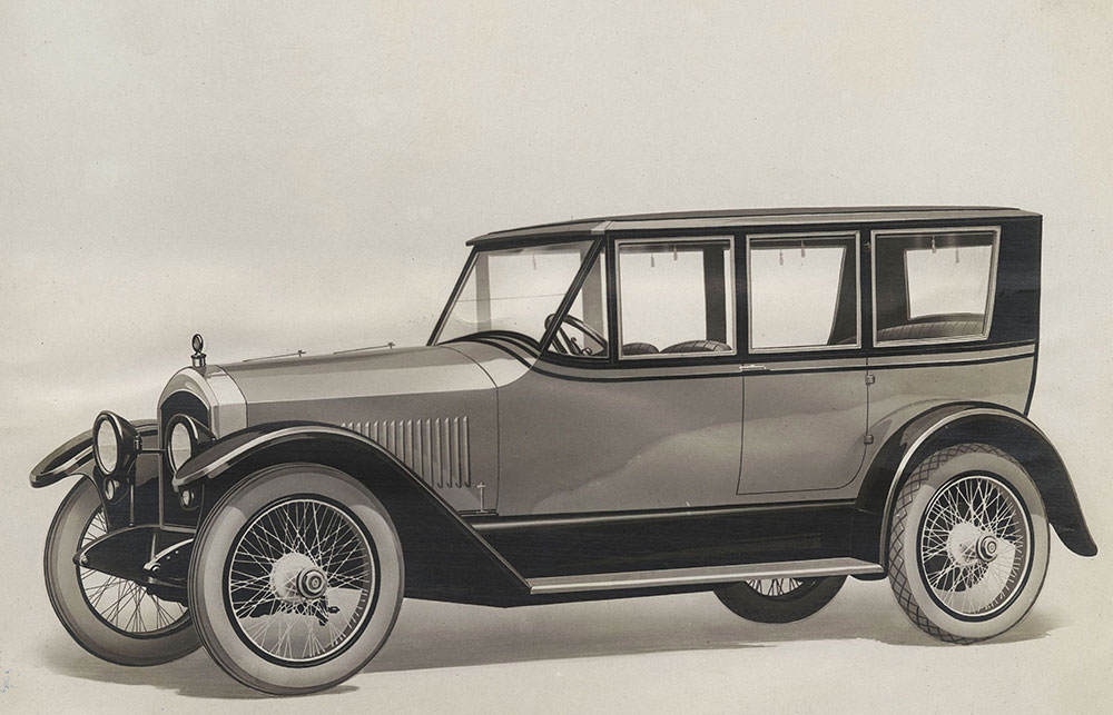 New 1918 Deering Magnetic sedan, finished in two shades of moleskin and trimmed in black, one of the distinctive debutants of the 1918 Chicago automobile salon.