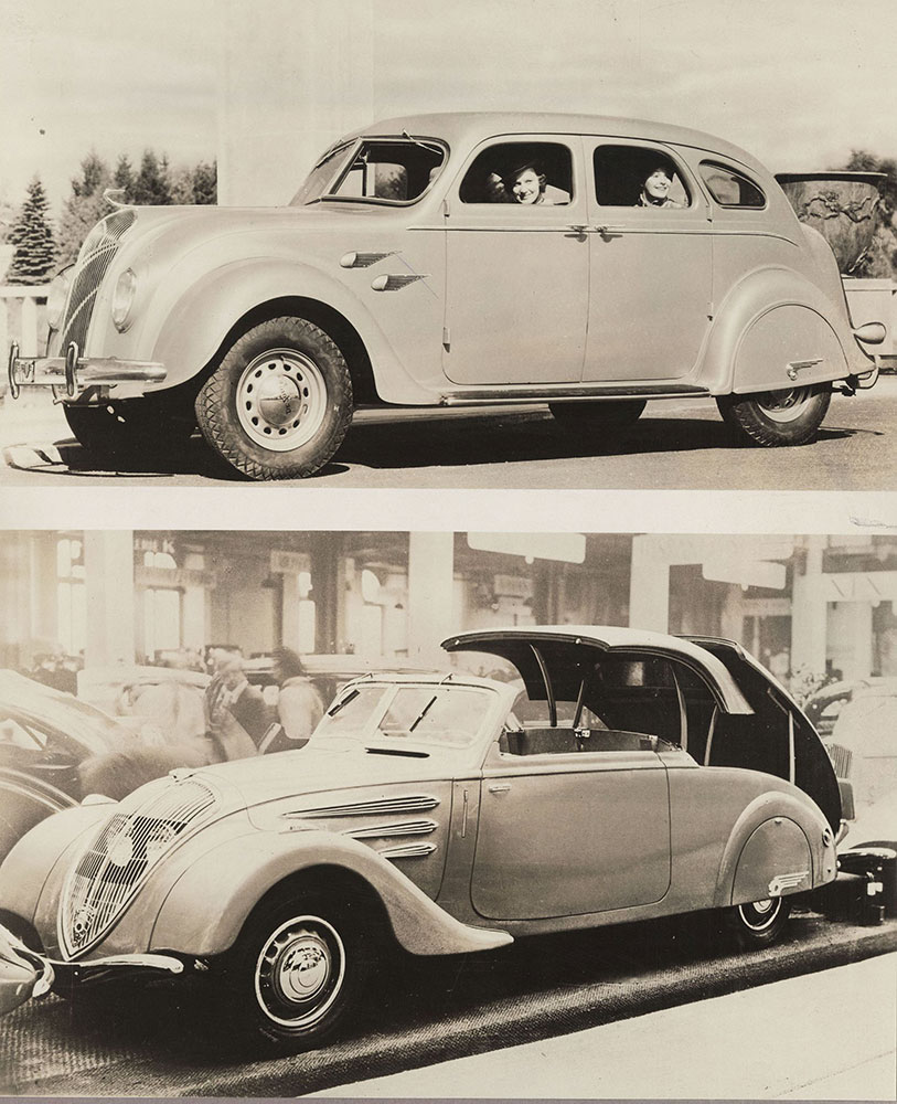 Top: De Soto Airflow,1936: Bottom, Peugeot 402 Eclipse cabriolet