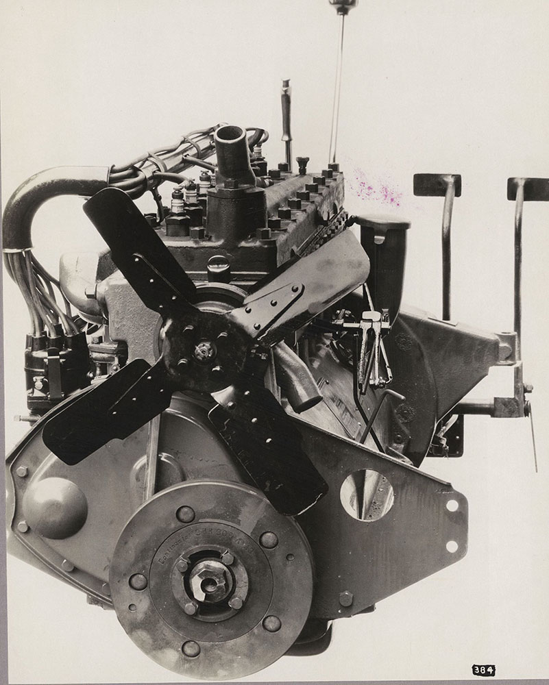 Diana Eight Motor. Front view showing Lanchester Dampener and heavy stamped steel front motor support, 1926.