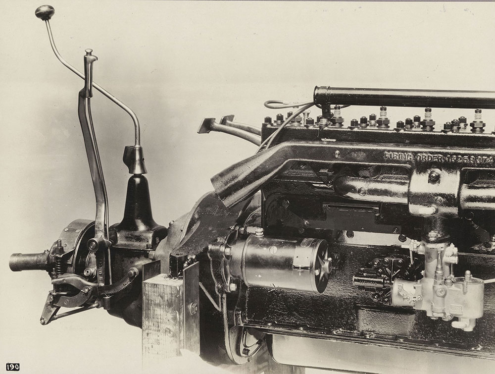 Diana, 1926. Rear view of engine, showing gearlever, handbrake and foot pedals