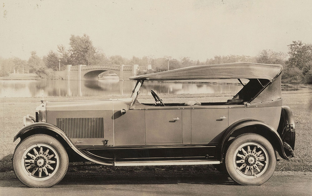 Diana, 1926. Side view new Diana five passenger Arrowhead Phaeton showing raised panel effect on hood, cowl and body.