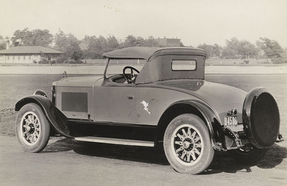 Diana, 1926. Right side view Diana 8 Cabriolet Roadster showing rumble seat and luggage compartment closed.