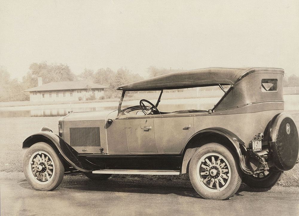 Diana, 1926. Three quarter rear view Diana five passenger Arrowhead Phaeton showing panel effect and width of the offset panel at the rear of the car.