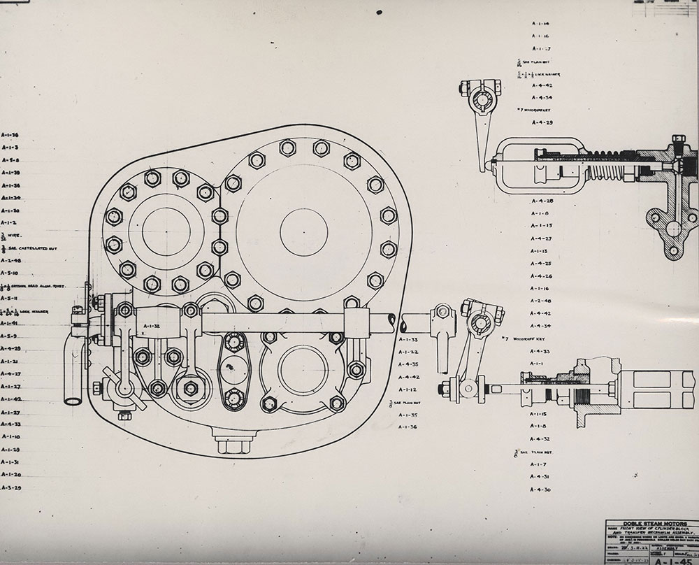 Doble Steam Motors - Front view of cylinder block and transfer mechanism assembly, 1922.