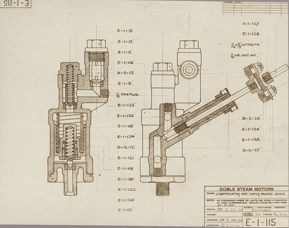 Compensator and check valves assembly on the new Doble steam car, 1922.