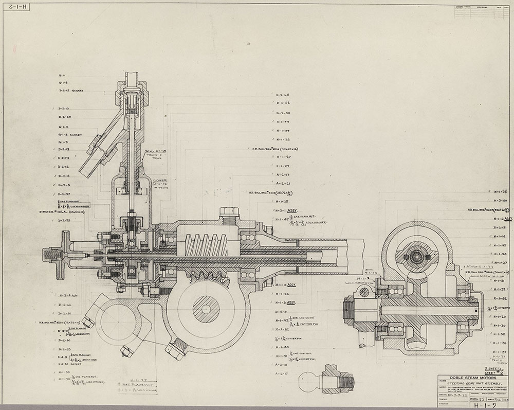Steering gear unit assembly of the new Doble steam car, 1922.