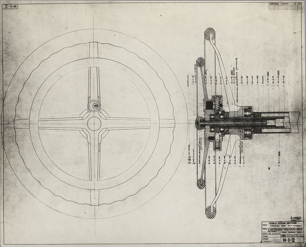 Steering gear unit assembly of the new Doble steam car, 1922/23.