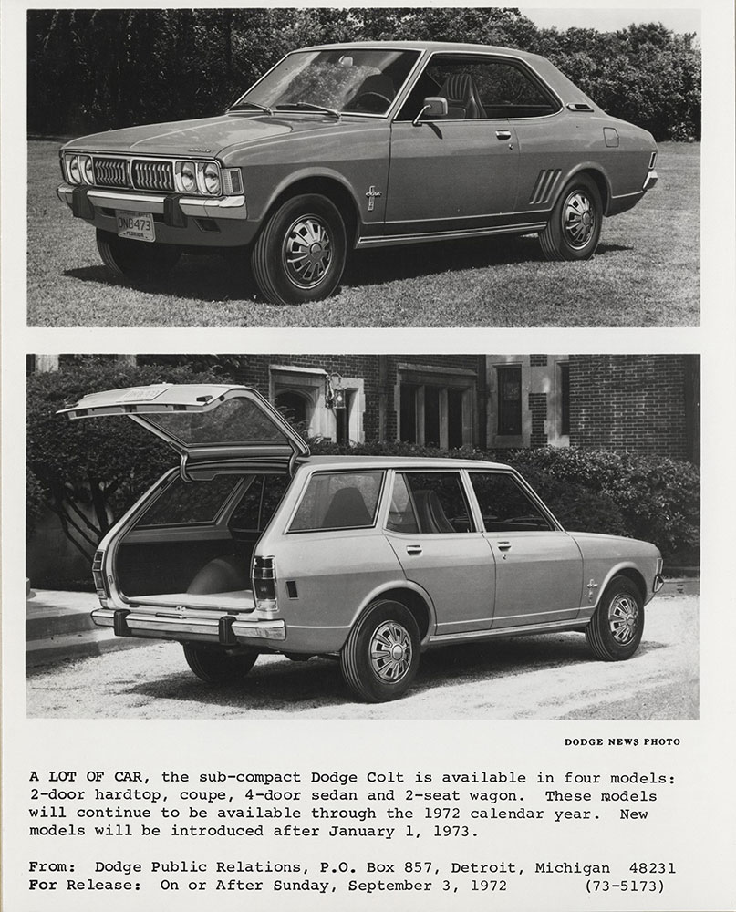 Top: Dodge Colt, hardtop- 1972.  Bottom: Dodge Colt, station wagon- 1972.