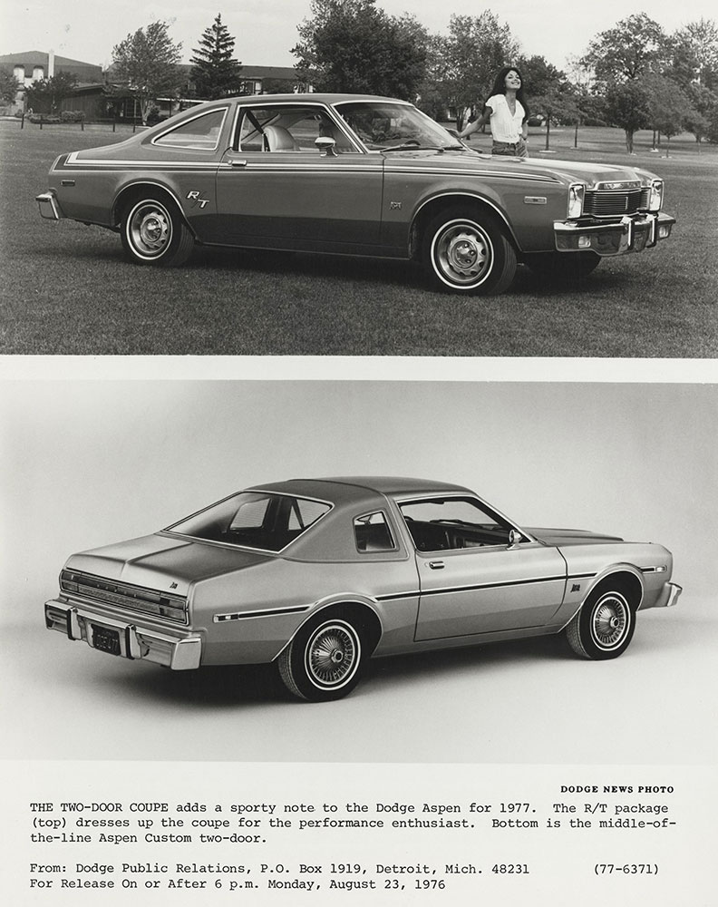 (top) Dodge Aspen R/T Coupe: (below) Dodge Aspen Custom two-door - 1977