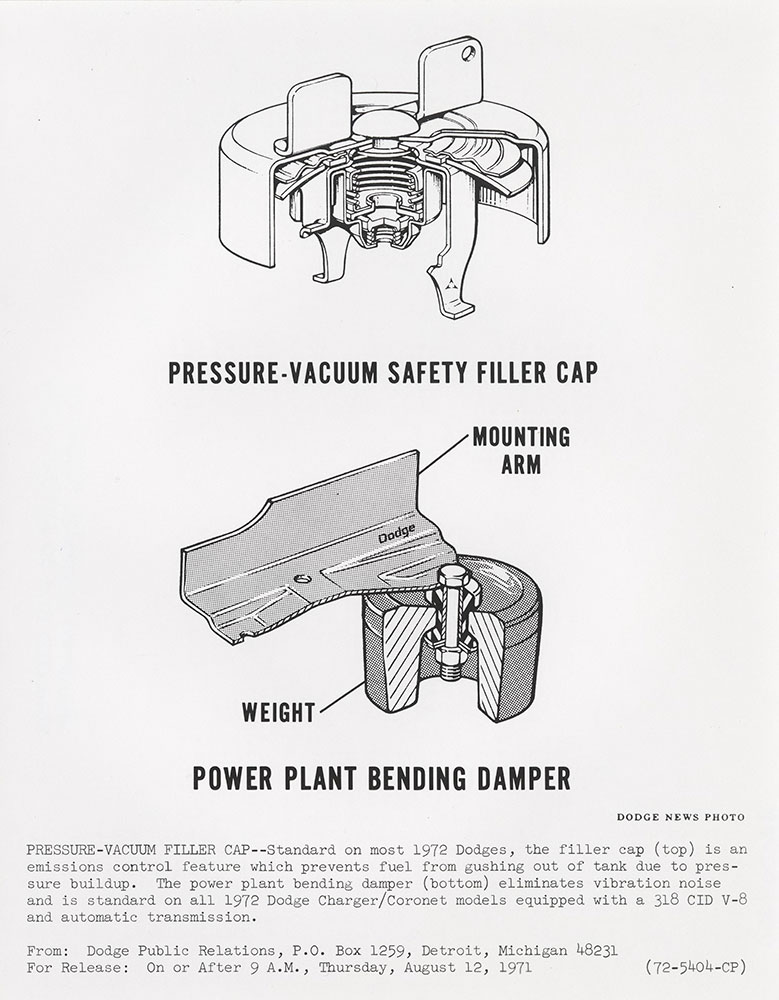 Dodge 1972 Pressure-Vacuum Filler Cap and Power Plant Bending Damper