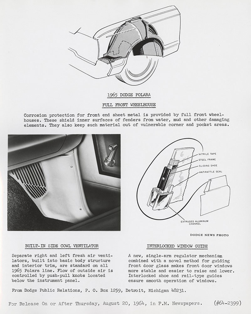 Dodge 1965 Polara Full Front Wheelhouse, Built-in Side Cowl Ventilator and Interlocked Window Guide
