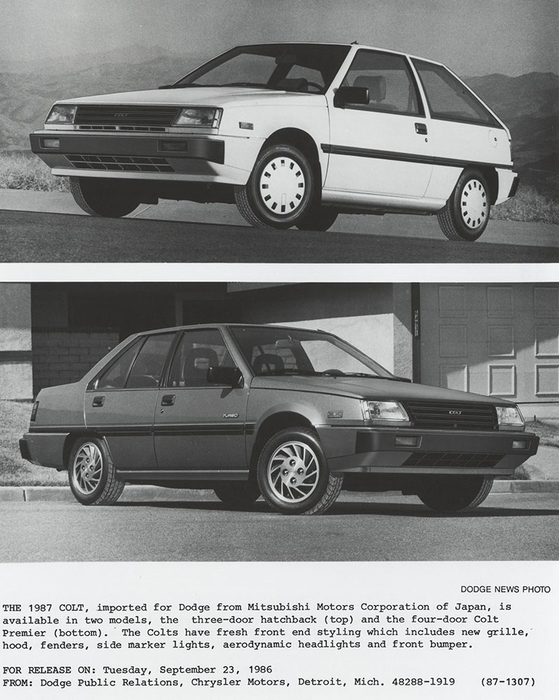 Dodge Colt hatchback (top) and Premier (bottom): 1987